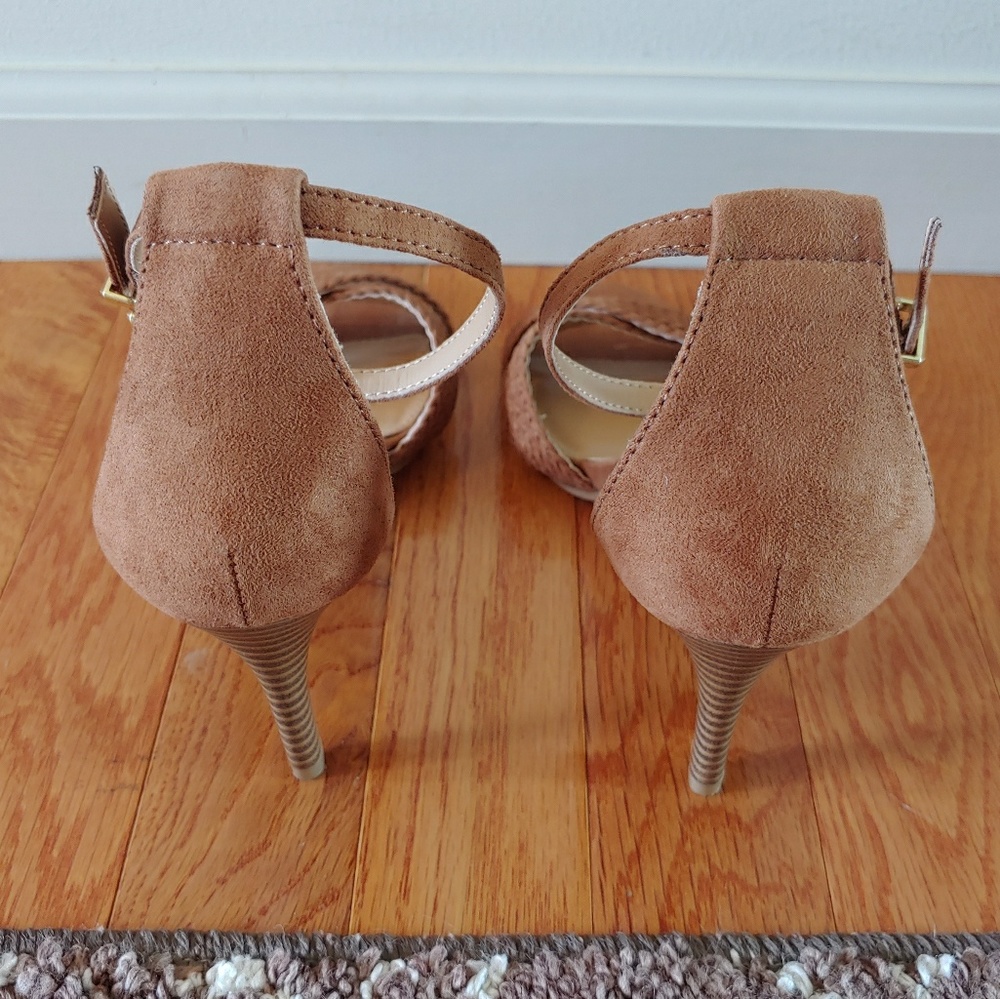 Express Criss Cross Braided Suede Ankle Strap Heels Camel Brown Size 8 - Picture 5 of 8
